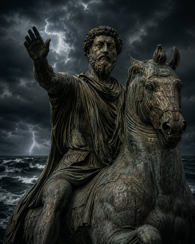 Equestrian statue of Marcus Aurelius amidst a lightning storm, representing Stoic resilience and Premeditatio Malorum.